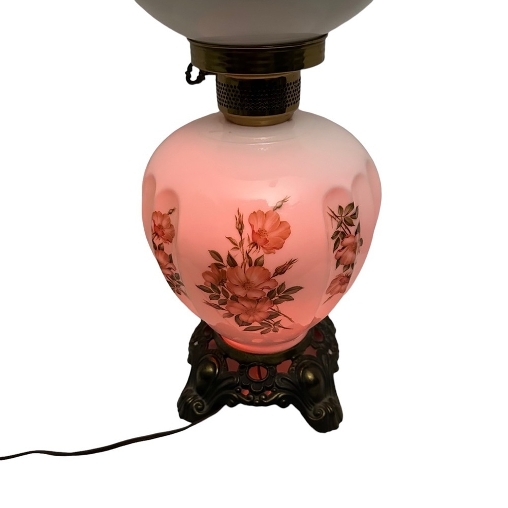 Vtg Hand Painted Floral Bulbous Ceramic Hurricane Parlor Lamp Brass Pedestal 24” - Picture 5 of 17